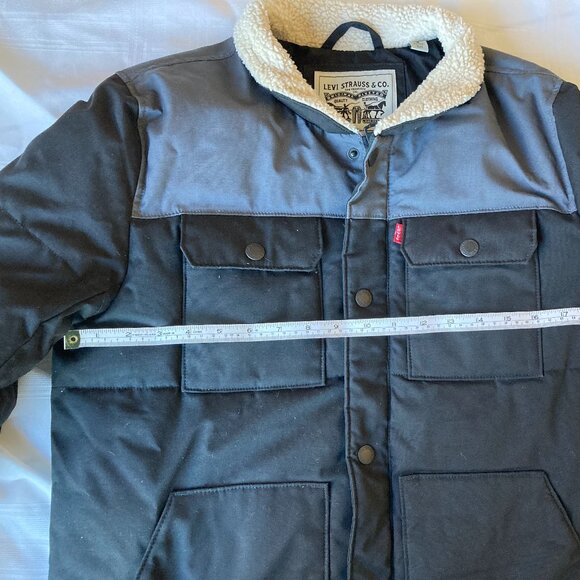 Small Levi's Sherpa Collar Utility Workwear Jacket Black Gray Colorblock Puffer - Picture 11 of 14